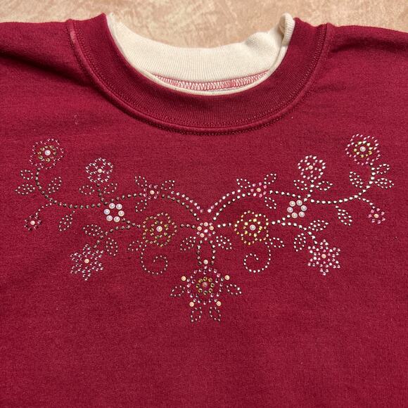 Vintage 90s Sunburst Floral Rhinestone Crewneck Sweatshirt Burgundy Cottagecore - Picture 2 of 9